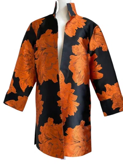 Grace Chuang Long Open Jacket With Flower Print In Orange/black In Multi