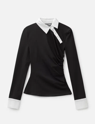 Grace Elwood Twisted Collar Draped Jersey Top In Black