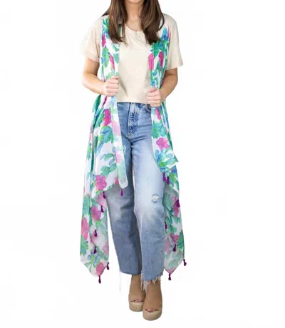 Grace + Emma Boho Western Floral Cactus Kimono Vest In Turquoise In White