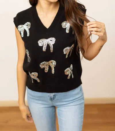 Grace + Emma Bow Sweater Vest In Black With Silver Sequin Bows In Multi