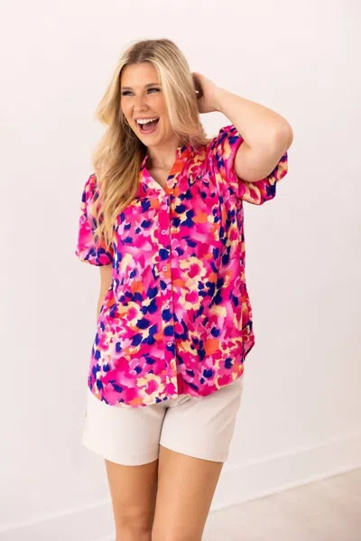 Grace + Emma Button-up Short Sleeve Blouse In Pink & Purple Leopard In Multi