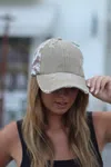Grace + Emma Distressed Cow High Ponytail Hat In Light Brown In Gray
