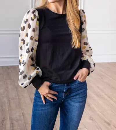 Grace + Emma Leopard Dream Balloon Sleeve Top In Black