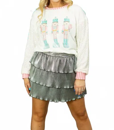 Grace + Emma Nutcracker Sequin Sleeve Top In Pattern In White