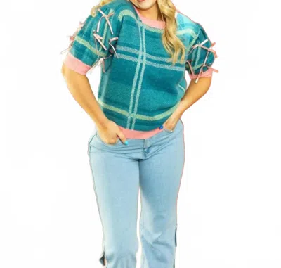 Grace + Emma Plaid Sweater With Puff Sleeves In Green In Blue