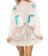 Grace + Emma Snowman Cardigan With Sequin Sleeves In Pink In Pink