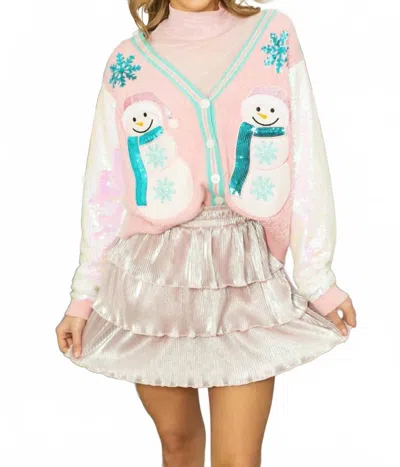 Grace + Emma Snowman Cardigan With Sequin Sleeves In Pink