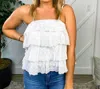 Grace + Emma Whimsical Eyelet Ruffle Tier Top In White