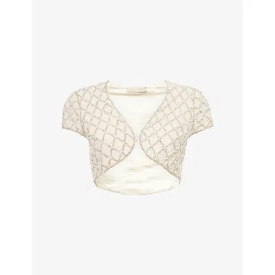 Grace Faena Womens Chalk Pearl And Crystal-embellished Cropped Satin Jacket In Brown