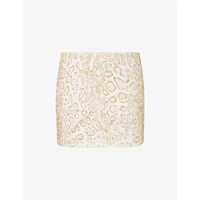 Grace Faena Womens Blonde Leopard Bead-embellished Cotton Mini Skirt Xs In Brown