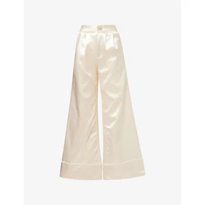Grace Faena Womens Chalk Pearl-button Wide-leg Satin Trousers In Gray