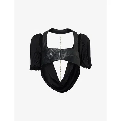 Grace Faena Womens Noir Zebra Pearl-embellished Leather And Silk-jersey Top In Black