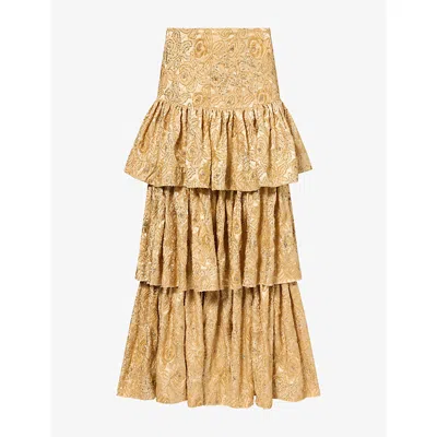 Grace Faena Womens Roses Tiered Beaded Silk Midi Skirt Gold In Brown