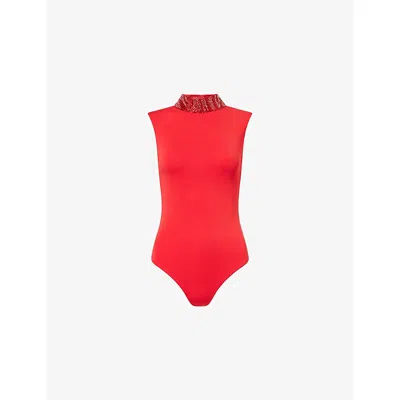 Grace Faena Womens Rubi Red Zebra Pearl-embellished Leather And Silk-jersey Top
