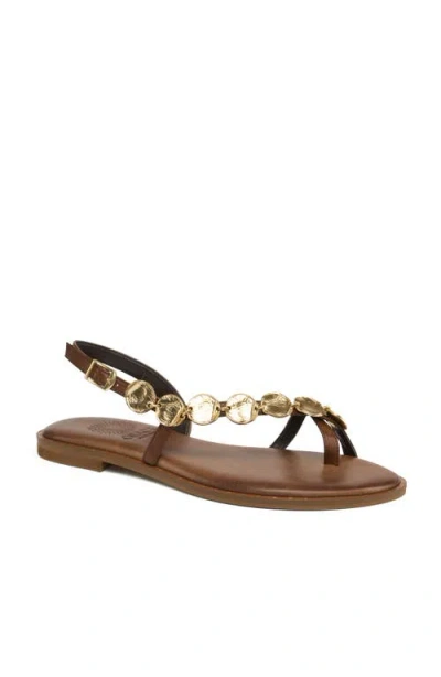 Grace Footwear Serifos Gold Disc T Strap Sandal In Brown