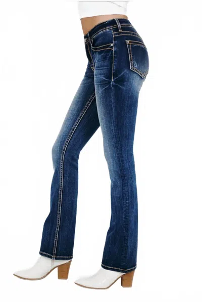 Grace In La Basic Five Pockets Mid Rise Boot Cut Jean In Denim In Blue