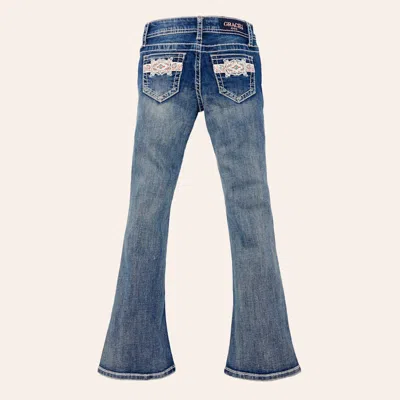 Grace In La Girls' Medium Wash Aztec Embroidered Pockets Bootcut Jeans In Blue