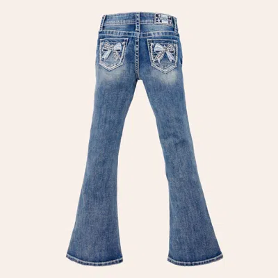 Grace In La Girls' Medium Wash Bow Embroidered Pockets Bootcut Jeans In Blue