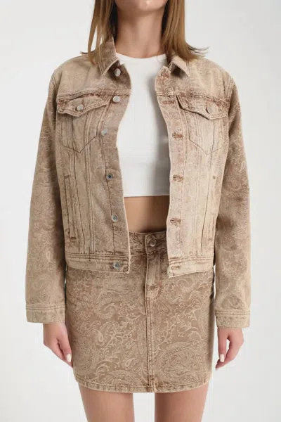 Grace In La Jacquard Paisley Embroidered Denim Jacket In Brown