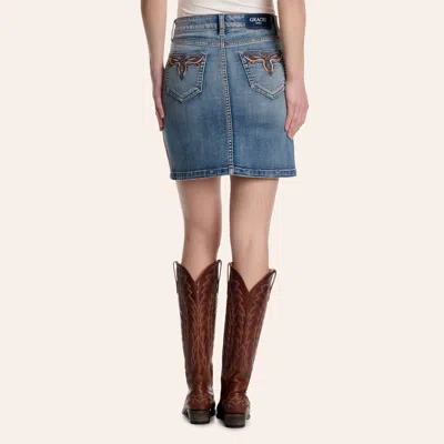 Grace In La Medium Wash Faux Suede Toe Bug Pockets Denim Mini Skirt In Blue