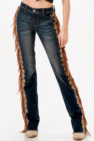Grace In La Tassel Trim Sides Mid-rise Boot Cut Jean - 32" In Dark Denim In Blue