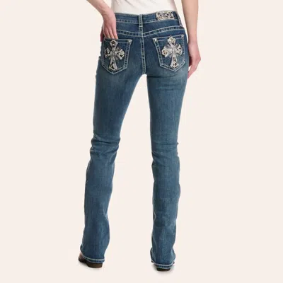 Grace In La Women's Dark Wash Embellished Cross Mid Rise Bootcut Jeans In Blue