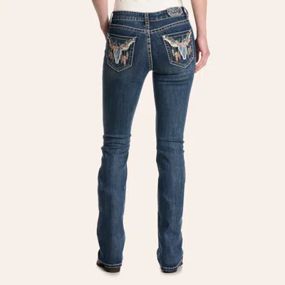 Grace In La Women's Dark Wash Floral Lace Longhorn Embroidered Bootcut Jeans In Blue