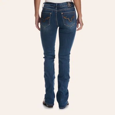 Grace In La Women's Dark Wash Skull Embroidered Easy Fit Mid Rise Bootcut Jeans In Blue