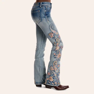 Grace In La Women's Light Wash Floral & Paisley Embroidered Flare Jeans In Blue