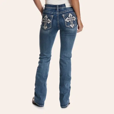 Grace In La Women's Medium Wash Cross Embroidered Easy Fit Mid Rise Bootcut Jeans In Blue