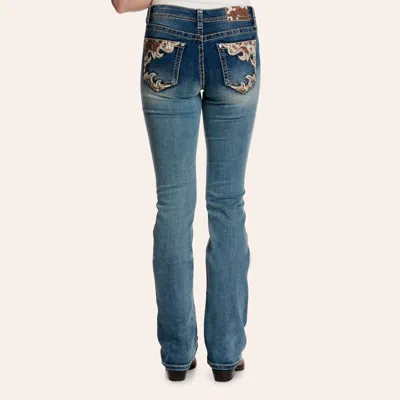 Grace In La Women's Medium Wash Embellished Cow Trim Pocket Bootcut Jeans In Blue