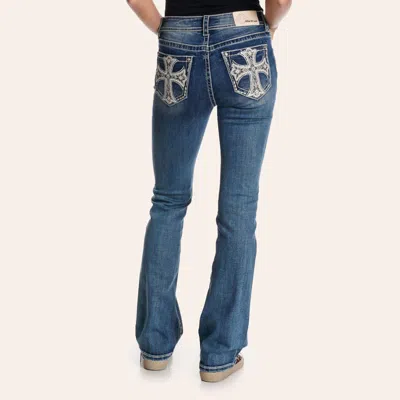 Grace In La Women's Medium Wash Embroidered Cross Pocket Bootcut Jeans In Blue