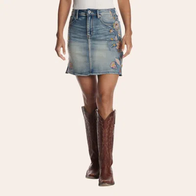 Grace In La Women's Medium Wash Floral Embroidered Denim Skirt In Blue