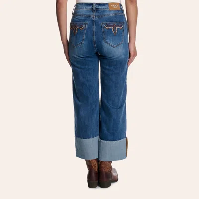 Grace In La Women's Medium Wash Leather Trim Cropped Wide Cuff Jeans In Blue