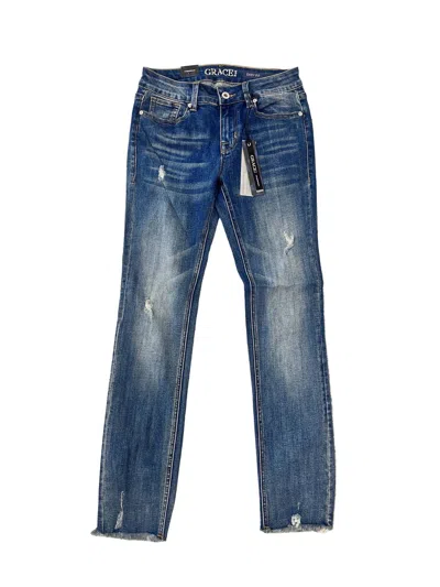 Grace In La Women's Mid-rise Distressed Denim Straight Leg Jean In Medium Wash In Multi