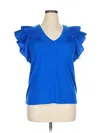 Grace Karin Short Sleeve Top Blue Ruffles Neckline Tops In Blue