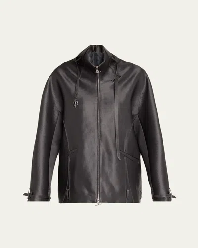 Grace Ling Belted Collar Striped Wool Oversized Jacket In Black
