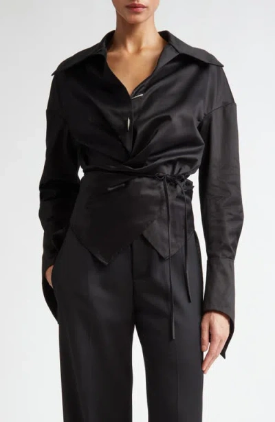 Grace Ling Cotton Sateen Wrap Shirt In Black