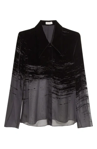 Grace Ling Glitch Devoré Velvet & Sheer Chiffon Button-up Shirt In Gray