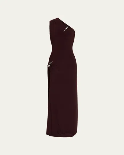 Grace Ling One-shoulder Claw Slit Gown In Burgundy