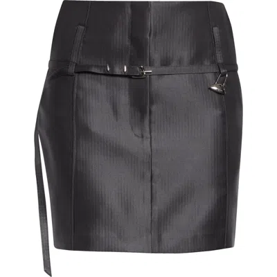 Grace Ling Relics Belted Wool Blend Satin Miniskirt In Black