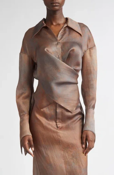Grace Ling Stitches Convertible Silk Organza Wrap Shirt In Rust Brown