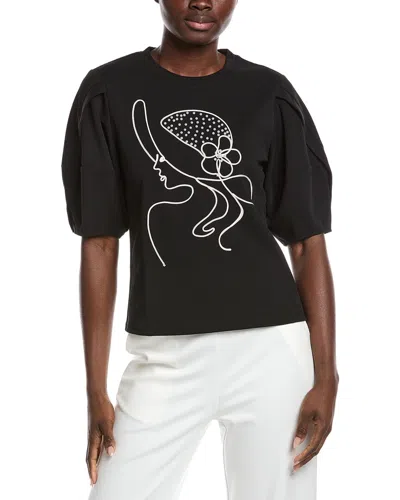 Gracia Abstract Face Embroidered Puff Sleeve Top In Black