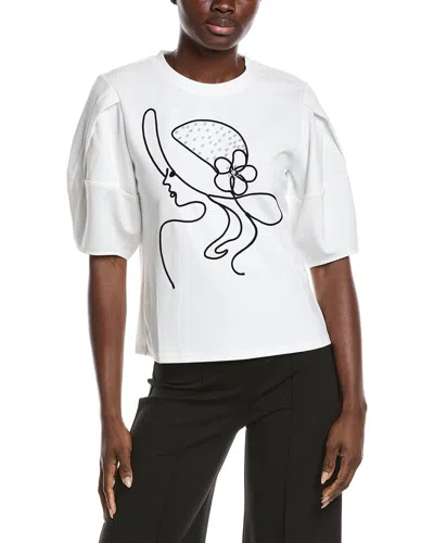 Gracia Abstract Face Embroidered Puff Sleeve Top In White