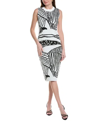 Gracia Abstract Pattern Racer Neck Fitted Knit Midi Dress In White