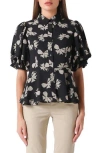 Gracia Polka Dot Puff Sleeve Button-down Top In Black