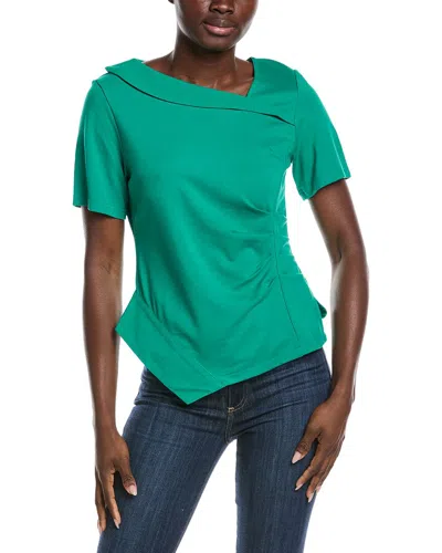 Gracia Asymmetrical Neck Ruched Detail Solid Top In Green