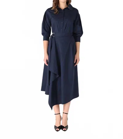Gracia Bottom Wrap Shirt Collared Dress In Navy In Blue