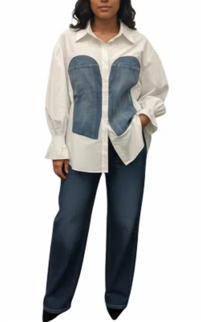 Gracia Button Down Shirt With Smock Cuffs In White/denim In Multi