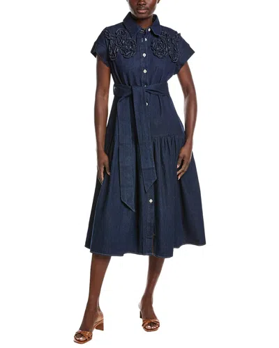 Gracia Chest Ruffle Work Denim Shirtdress In Blue